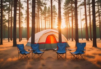 A camping tent set up in a grassy field surrounded by pine trees, with two folding camping chairs in the foreground