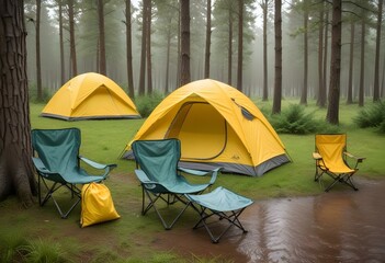 A camping tent set up in a grassy field surrounded by pine trees, with two folding camping chairs in the foreground