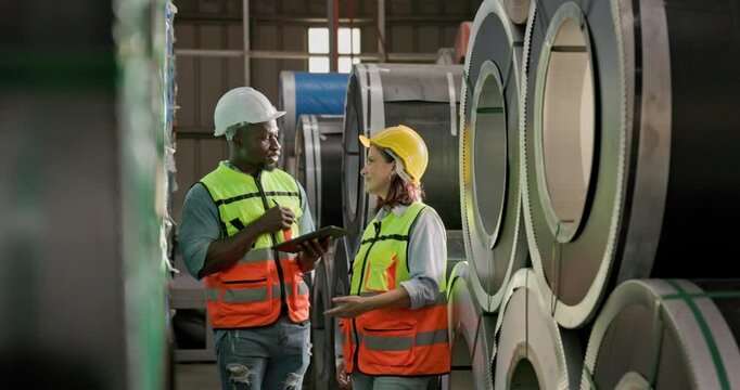 African American engineer man discussing women worker in construction warehouse steel plant factory. Engineer wear safety reflective vest white hard hat use smart tablet hand point checking product