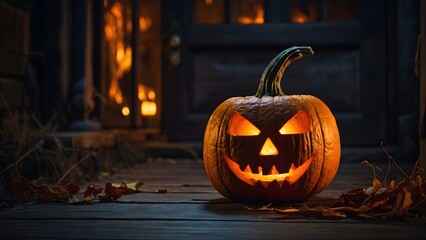 Obraz premium Carved Pumpkin With a Spooky Grin Illuminating the Porch on a Chilly Halloween Night