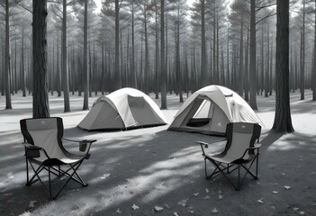 A camping tent set up in a grassy field surrounded by pine trees, with two folding camping chairs in the foreground