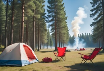 A camping tent set up in a grassy field surrounded by pine trees, with two folding camping chairs in the foreground