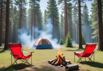 A camping tent set up in a grassy field surrounded by pine trees, with two folding camping chairs in the foreground