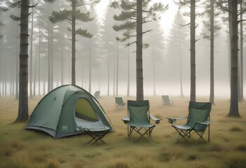 A camping tent set up in a grassy field surrounded by pine trees, with two folding camping chairs in the foreground