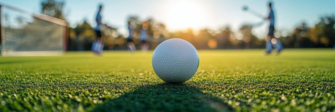 Field Hockey Momentum, a field hockey ball in motion on vibrant grass, players and goal softly blurred in the background, capturing the energy of the game