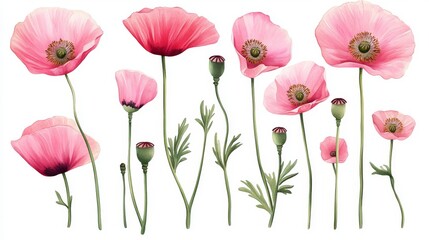 Fototapeta premium This painting features pink and red poppy flowers in an isolated white background. The background is painted in watercolor with floral and flower elements.