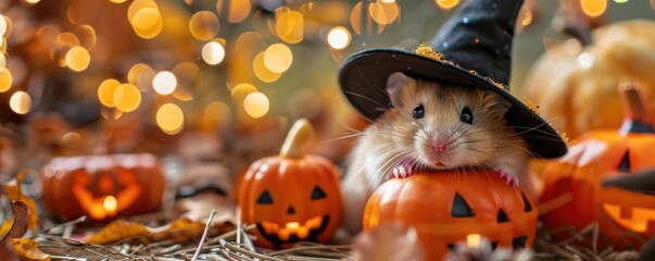 Adorable hamster wearing a witch hat surrounded by Halloween pumpkins and festive decor. Free copy space for text.