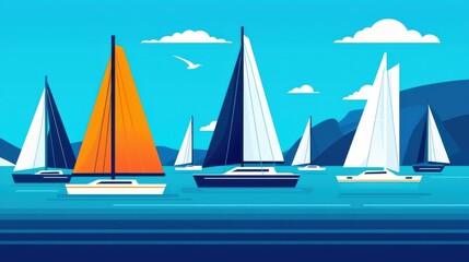 Naklejka premium Colorful Sailboats on a Calm Sea with Clear Blue Skies and Puffy White Clouds in a Serene Coastal Landscape