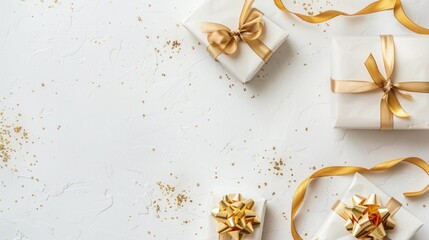 A white background with a bunch of gold wrapped presents