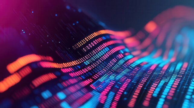 Abstract digital wave with subtle binary code in background, Tech Background, Tech fluidity