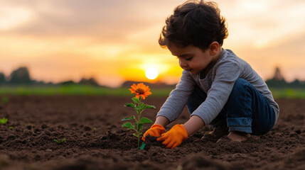 A young child planting a single flower in a barren field, eventually transforming it into a colorful garden over time. 