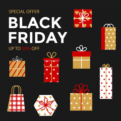 Black Friday Sale banner with gift boxes. Perfect for shop discount, store promotion, poster, coupons, advertising, leaflets, flyers. Vector