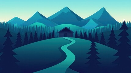 Serene Mountain Landscape with Cabin and Pine Trees Under Clear Sky - Ideal for Weather and Climate Themes