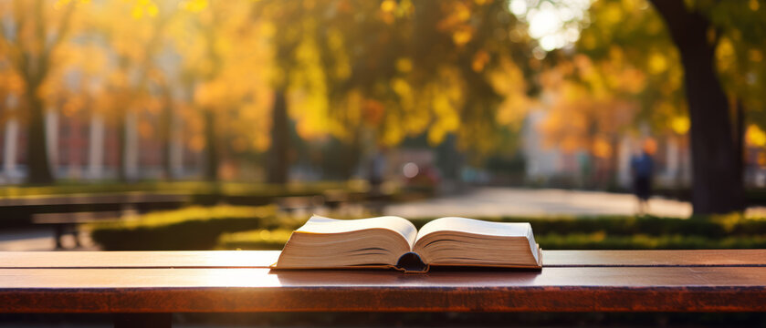Open Book on Wooden Table in Autumn Park. Knowledge and Relaxation Concept. Ideal for Education, Reading Campaigns