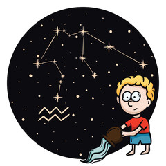 Bright vector illustration with the zodiac sign Aquarius. Childrens horoscope. Constellation in the night sky. Hand drawn character for astrological forecast. Vector illustration