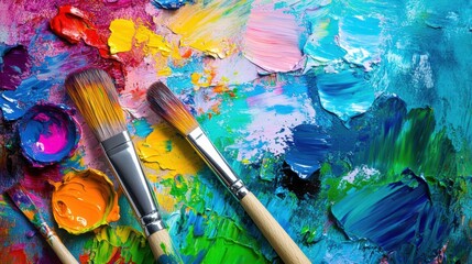 Fototapeta premium Brightly colored paints and brushes rest against a canvas, showcasing dynamic abstract strokes full of creativity and artistic expression. Generative AI