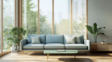 Living room with a pastel green sofa, a pastel blue coffee table. Bright interior with large windows and wooden flooring.