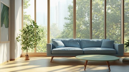 Living room with a pastel green sofa, a pastel blue coffee table. Bright interior with large windows and wooden flooring.