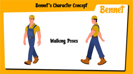 Handyman, builder cartoon Character walking AKA Bennet. and Animation Pack, Man Wearing Overalls with tools, Equipment 