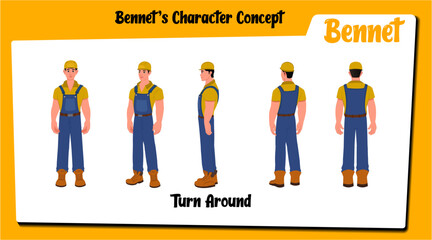 Handyman, builder cartoon Character turnaround sheet AKA Bennet. and Animation Pack, Man Wearing Overalls with tools, Equipment 