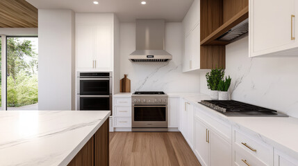 Fototapeta premium Modern kitchen interior with fireplace, featuring sleek cabinetry, hardwood flooring, and stainless steel appliances, creating a luxurious and contemporary living space