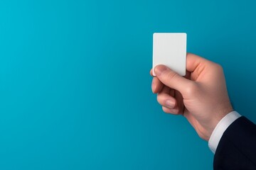A close-up of a hand holding a blank card against a vibrant blue background, ideal for business or marketing concepts.