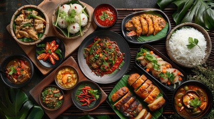 Fototapeta premium A variety of Asian dishes served on a rustic wooden table, including rice, meat, vegetables, and dipping sauces.