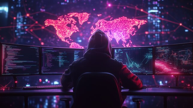 A hacker in the dark wearing a hooded jacket is sitting at his computer
