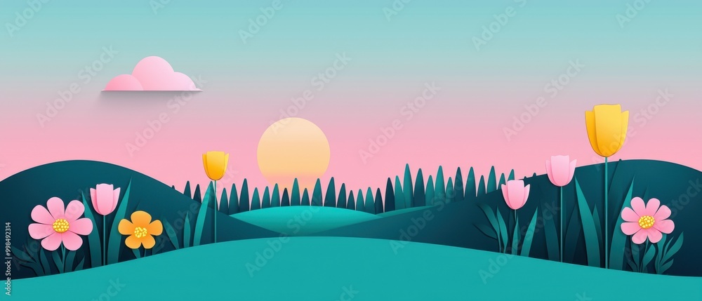 Wall mural Serene Landscape with Colorful Flowers and Rolling Hills Under a Pastel Sky at Sunrise