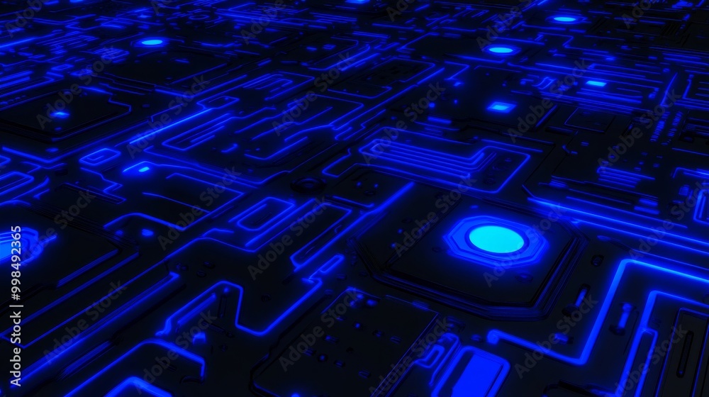 Poster this close-up is of the back of a modern computer motherboard with a chip, showing glowing blue line