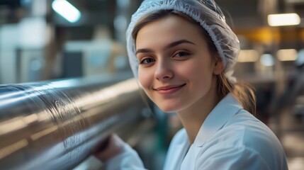 A smiling female worker in a white coat and hairnet holding an engraved stainless steel tube at the factory under bright lighting with a shallow depth of field