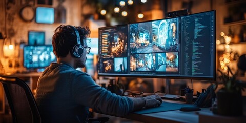 Graphic designer immersed in digital creation, modern workspace filled with creative tools, vibrant banner design displayed prominently.