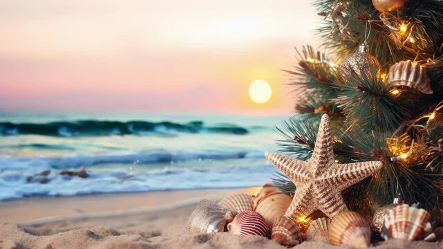 Christmas tree decorated with seashells and starfish is standing on a sandy beach with a beautiful sunset in the background, evoking a warm and tropical christmas atmosphere