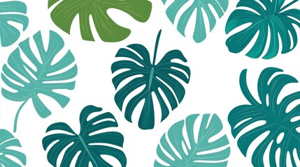 Fototapeta premium Abstract botanical seamless background with tropical plants, monsteras, leaf branches, and leaves. Suitable for banners, prints, decor, and wall art.