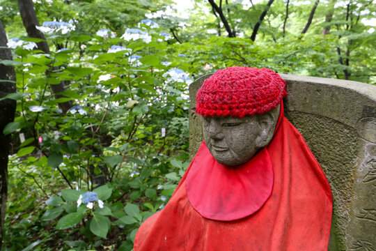 Stone Jizo statue resting peacefully in a quiet hydrangea forest