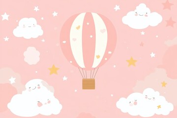 The wallpaper is hand drawn, and features stars, clouds, and a hot air balloon on a pink background. This wallpaper is meant for a little princess. It is modern kids' wallpaper.