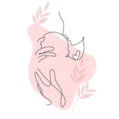 Vector one line art mother holding a new born baby with heart. Continuous line drawing of a new born baby with pink background