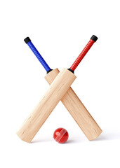 Crossed cricket bats and ball isolated on white background. 3d-rendering