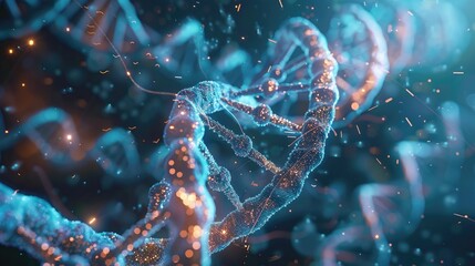 Abstract 3D illustration of a DNA double helix, with glowing particles and a dark blue background.