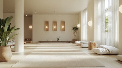 A bright and airy yoga studio with organic decor, creating a peaceful and calming atmosphere for practice