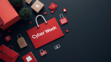 Bold "Cyber Week" on a tech-themed background with digital icons, online sales.