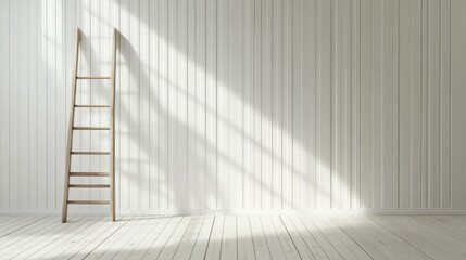Obraz premium Room with white walls and parquet floor and striped beige wallpaper on the wall with copy space. Concept of housework.