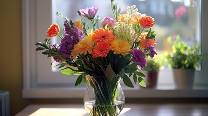 A bright bouquet of mixed flowers in a glass vase, bringing color and freshness to any room