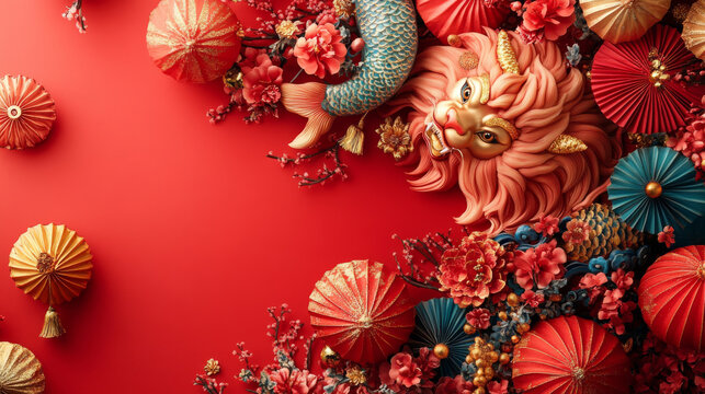 A red background with a lion and dragon on it