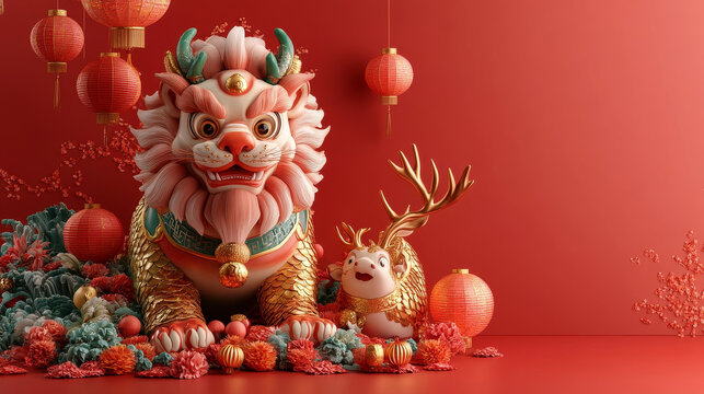 A lion and deer are standing in front of a red background