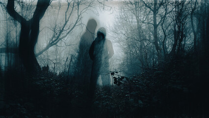 a double exposure horror concept. A ghost like hooded figure In a spooky foggy winters forest.With a grunge, vintage edit.