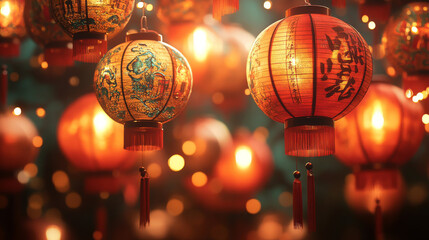 Obraz premium A bunch of colorful lanterns hanging from the ceiling