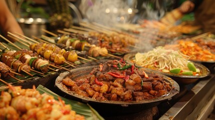 Obraz premium A variety of delicious street food dishes are displayed in a bustling market setting.