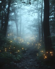 Obraz premium Mystical fireflies in a foggy forest