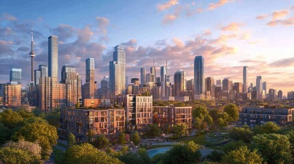 Obraz premium A captivating skyline with a mix of residential and commercial buildings, highlighting urban living.